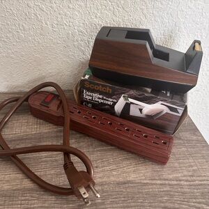 Vintage Woodgrain Office Set | Scotch Tape Dispenser + Power Strip